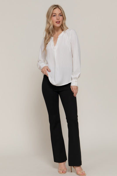 White Long Sleeve Pleated Textured Blouse