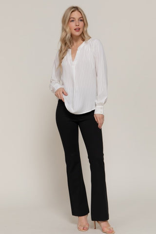 White Long Sleeve Pleated Textured Blouse