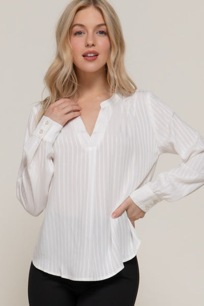 White Long Sleeve Pleated Textured Blouse