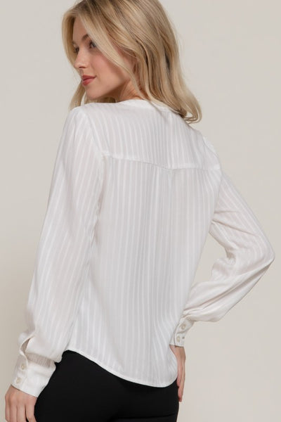 White Long Sleeve Pleated Textured Blouse