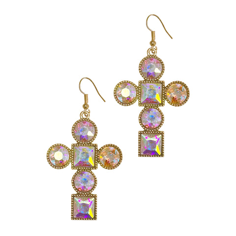 Gold Crystal AB Cross Earrings