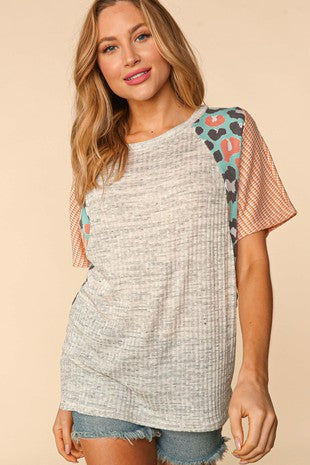Two Tone Leopard Print Top - Plus