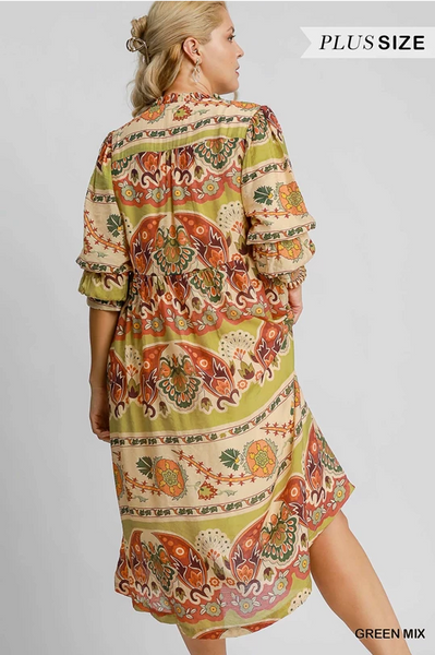 Green Mix Border Print Dress - Plus