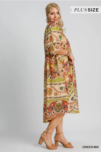 Green Mix Border Print Dress - Plus