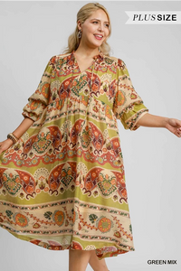 Green Mix Border Print Dress - Plus