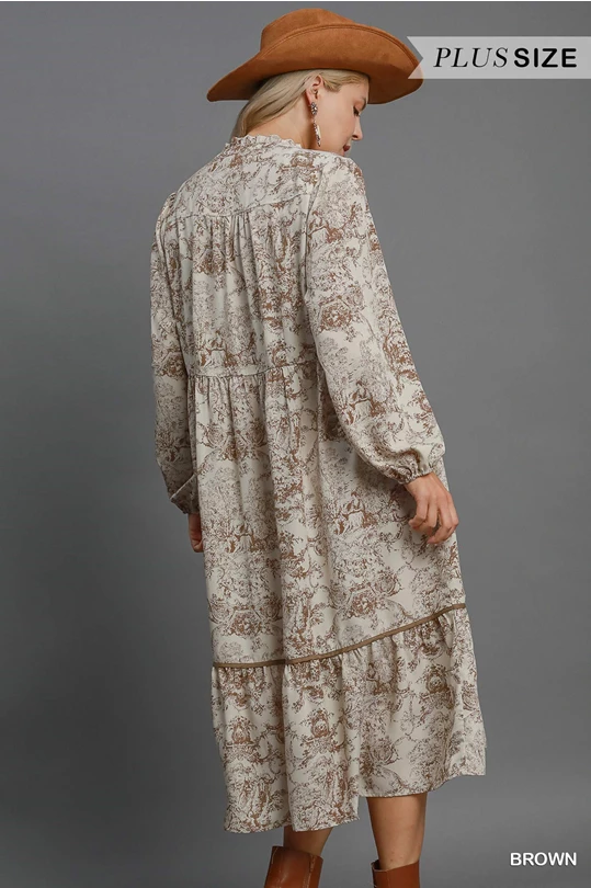 Brown Landscape Print Midi Dress - Plus