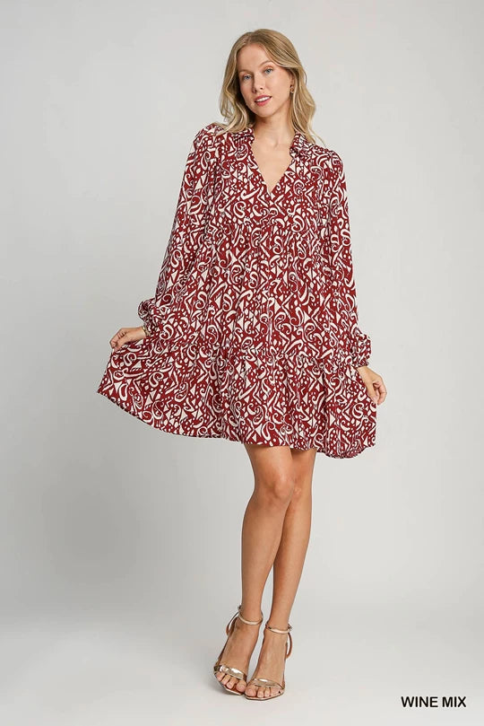 Wine Two Tone Print Tiered Dress