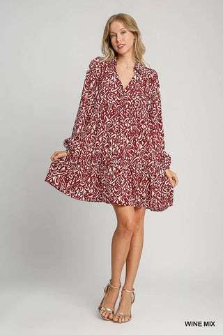Wine Two Tone Print Tiered Dress
