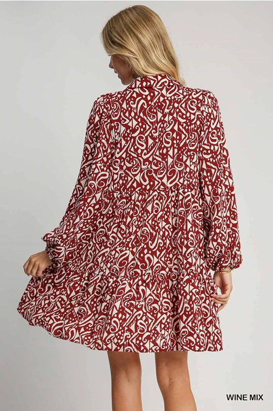 Wine Two Tone Print Tiered Dress