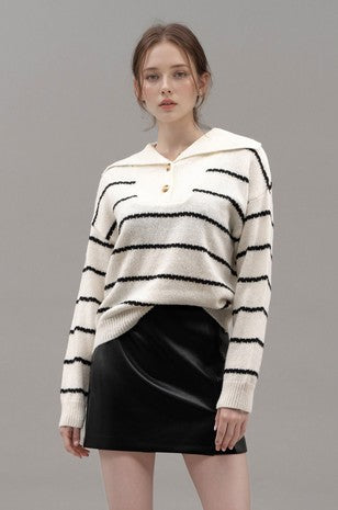 Black Stripe Half Button Sweater