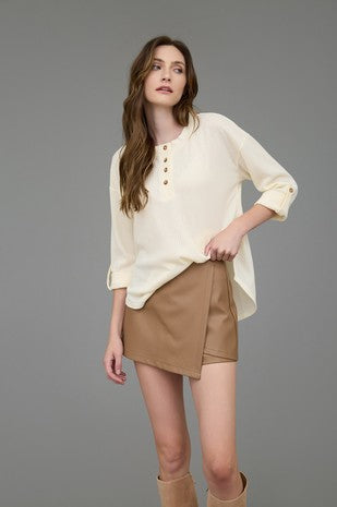 Cream 3/4 Sleeve Henley Knit Top