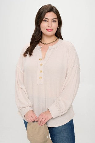 Oatmeal Half Button Top - Plus