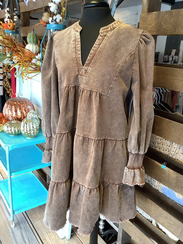 Brown Washed Vneck Dress