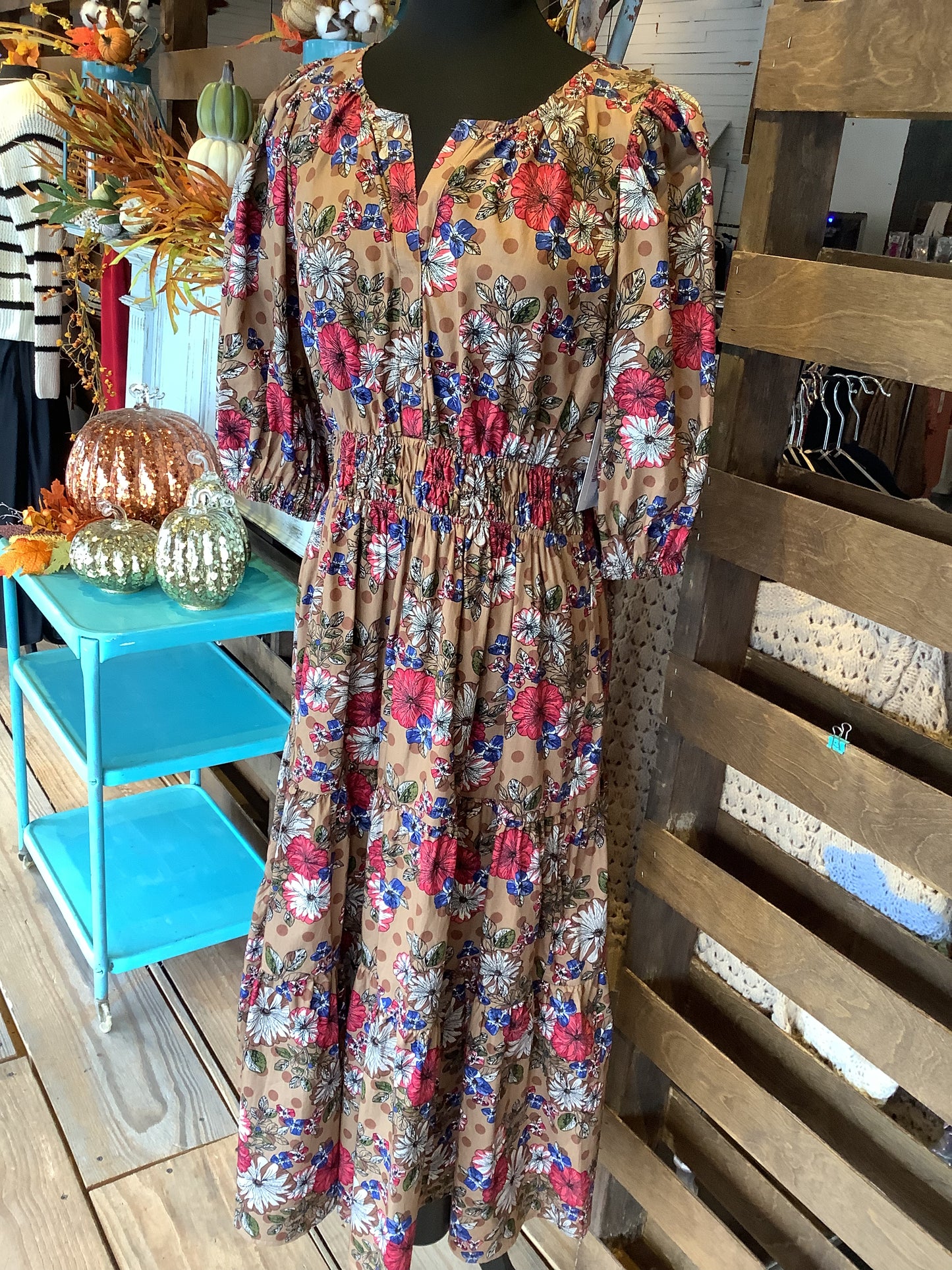 Brown Floral Split Neck Midi Dress