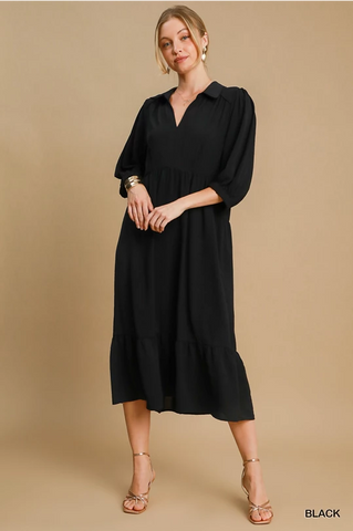 Black Collared Vneck Midi Dress