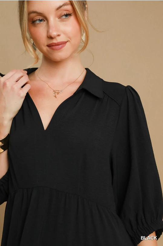 Black Collared Vneck Midi Dress