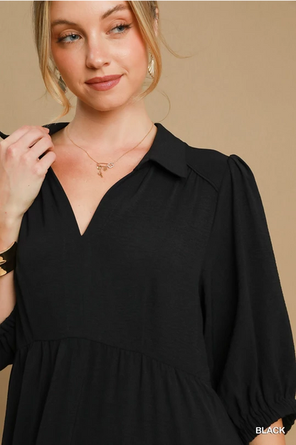 Black Collared Vneck Midi Dress