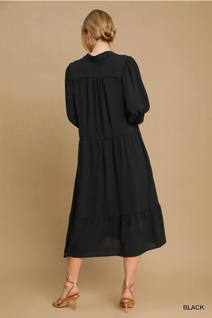 Black Collared Vneck Midi Dress