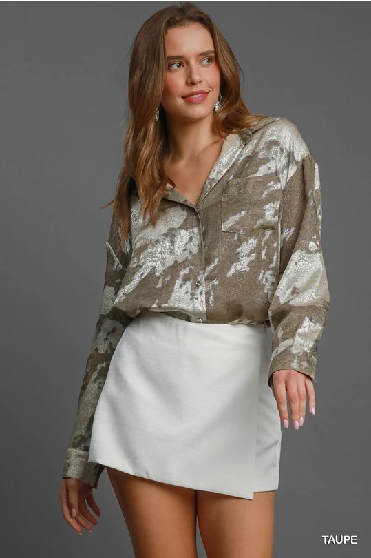 Taupe Metallic Collared Button Top
