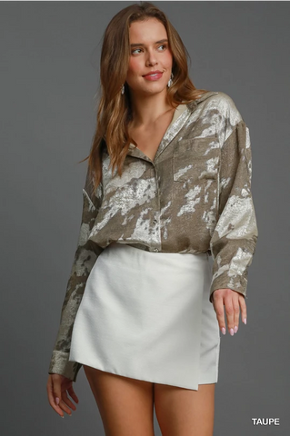 Taupe Metallic Collared Button Top