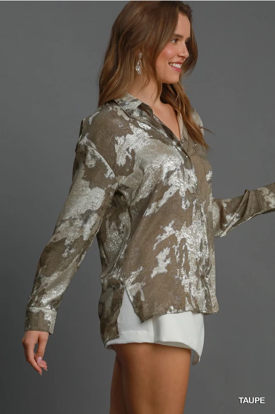 Taupe Metallic Collared Button Top