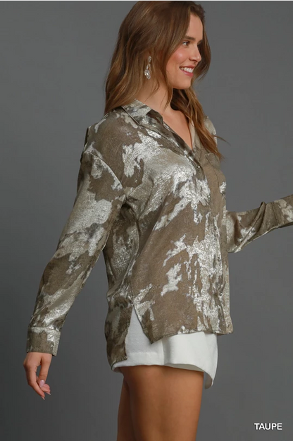 Taupe Metallic Collared Button Top