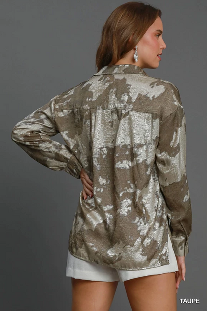 Taupe Metallic Collared Button Top