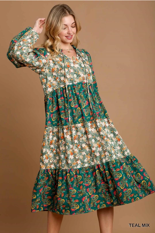 Teal Mix Floral Midi Dress