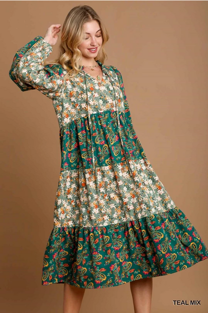 Teal Mix Floral Midi Dress