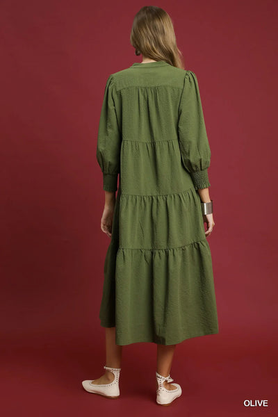 Olive Green Textured Midi Dress