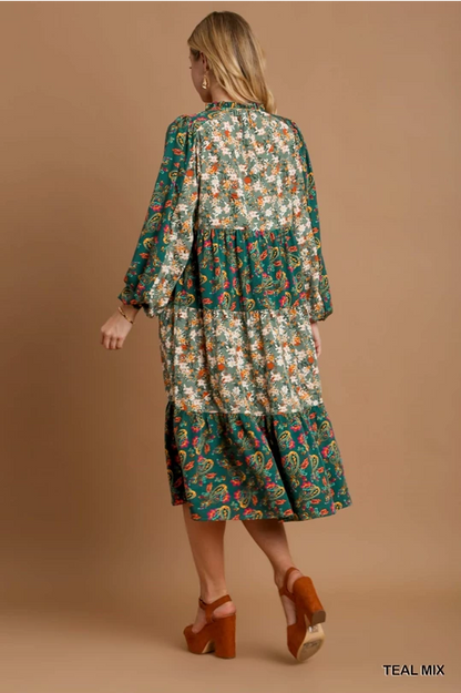 Teal Mix Floral Midi Dress