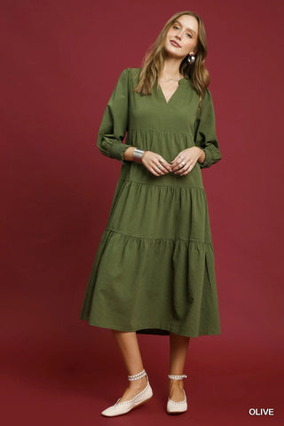 Olive Green Textured Midi Dress