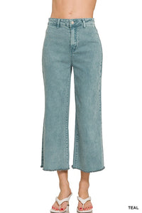 Teal Wash Frayed Hem Straight Jeans