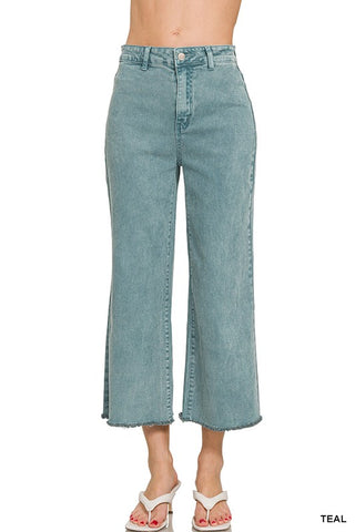 Teal Wash Frayed Hem Straight Jeans