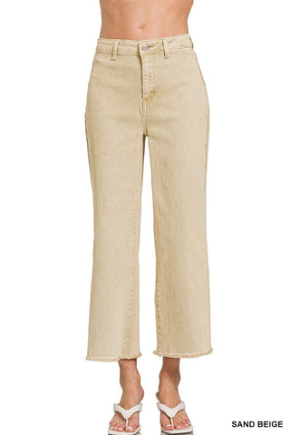 Beige Wash Frayed Hem Straight Jeans