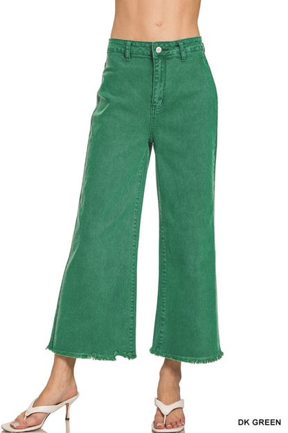 Dark Green Wash Frayed Hem Straight Jeans