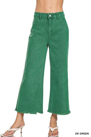 Dark Green Wash Frayed Hem Straight Jeans