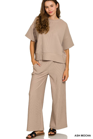 Mocha Ribbed Top & Pants Set