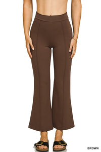 Brown Ponte Elastic Waist Pintuck Pants