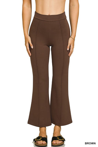 Brown Ponte Elastic Waist Pintuck Pants