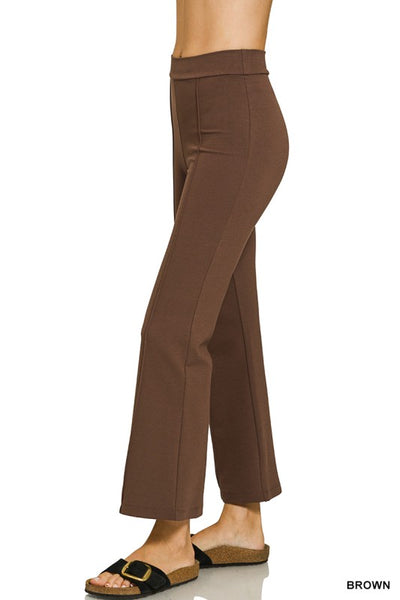Brown Ponte Elastic Waist Pintuck Pants