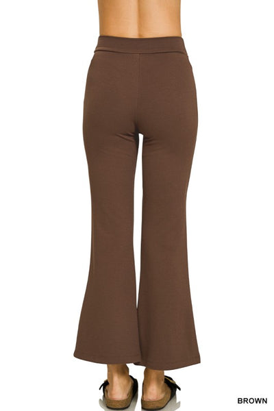 Brown Ponte Elastic Waist Pintuck Pants