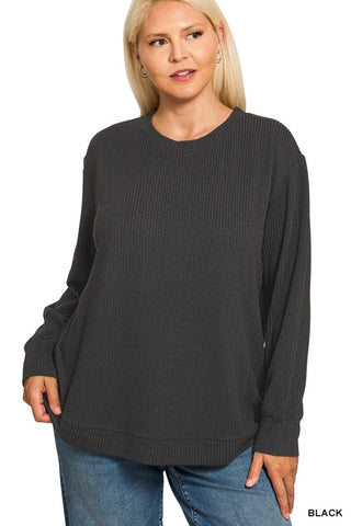 Black Raised Rib Knit Long Sleeve Top - Plus