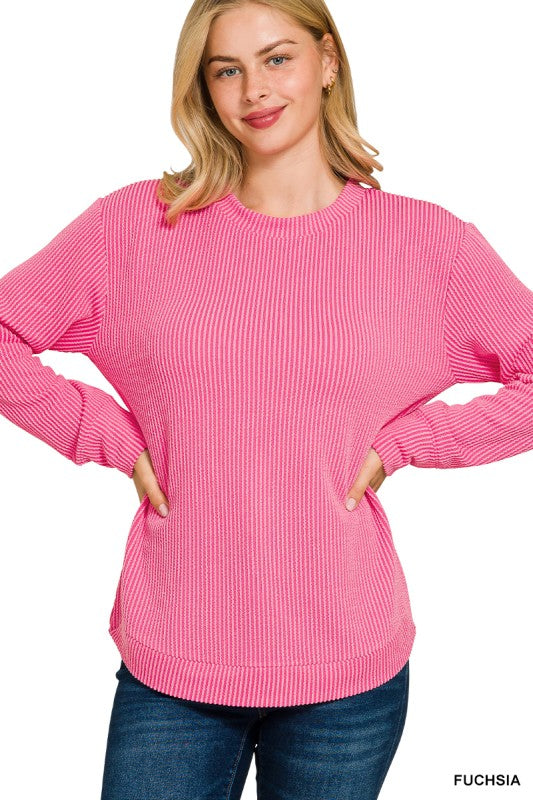 Fuchsia Raised Rib Knit Long Sleeve Top