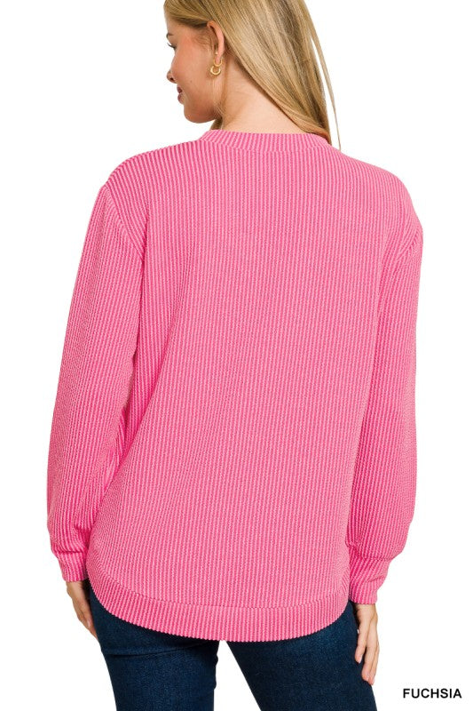 Fuchsia Raised Rib Knit Long Sleeve Top