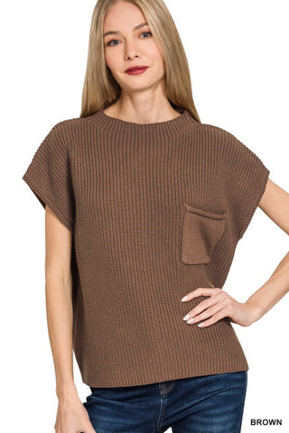 Brown Mock Neck Short Sleeve Sweater