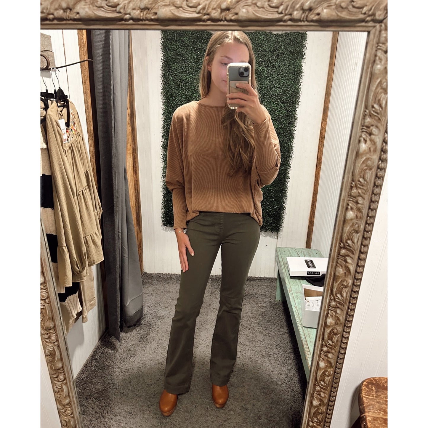 Cello Mid Rise Pull On Olive Flares