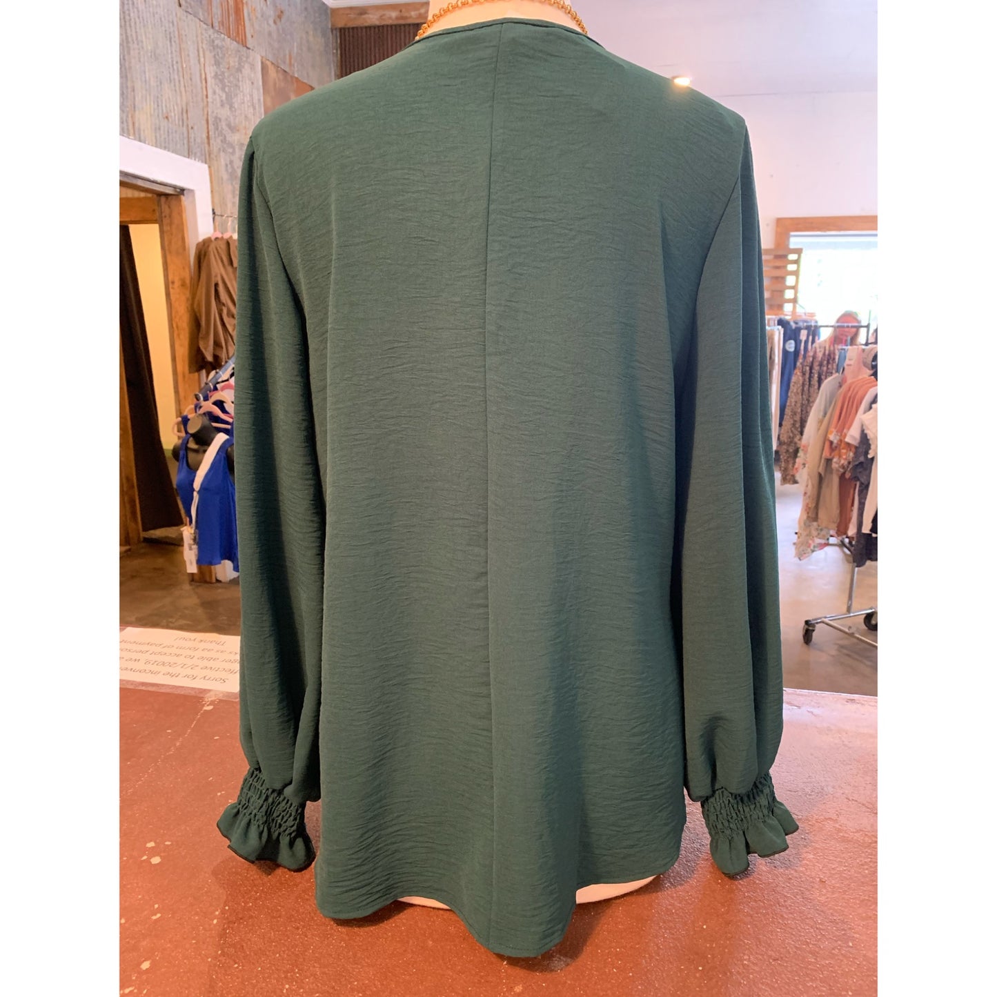 Hunter Green Smocked Sleeve Top
