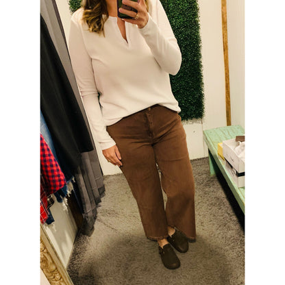 Brown Washed Frayed Crop Jeans