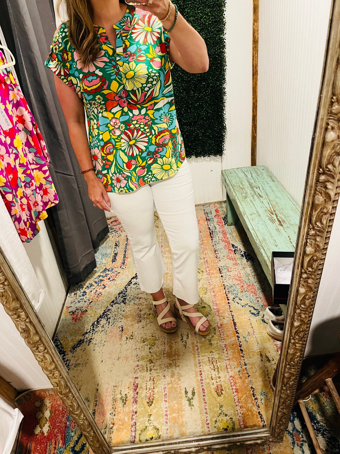 Green Floral Short Sleeve Top